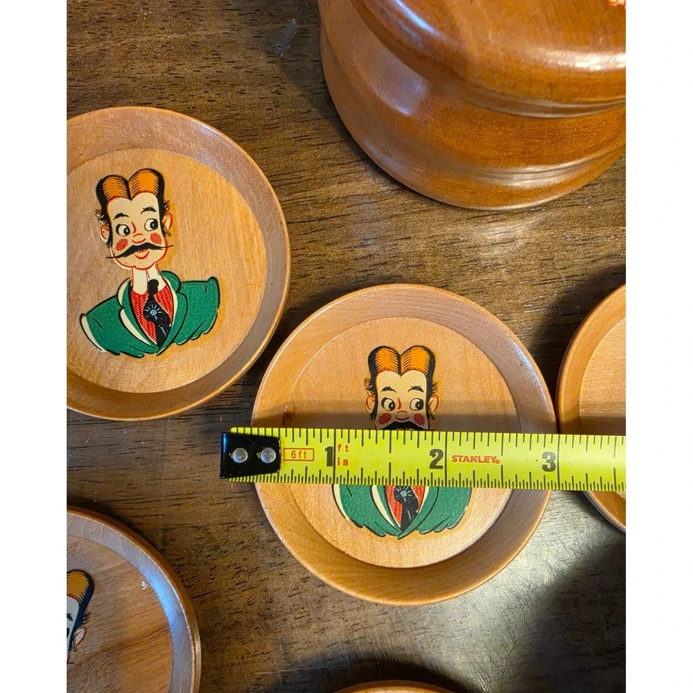 Vintage Reganware Wooden Coaster Set with Lid 8pc Mid Century Japan Kitsch Decor